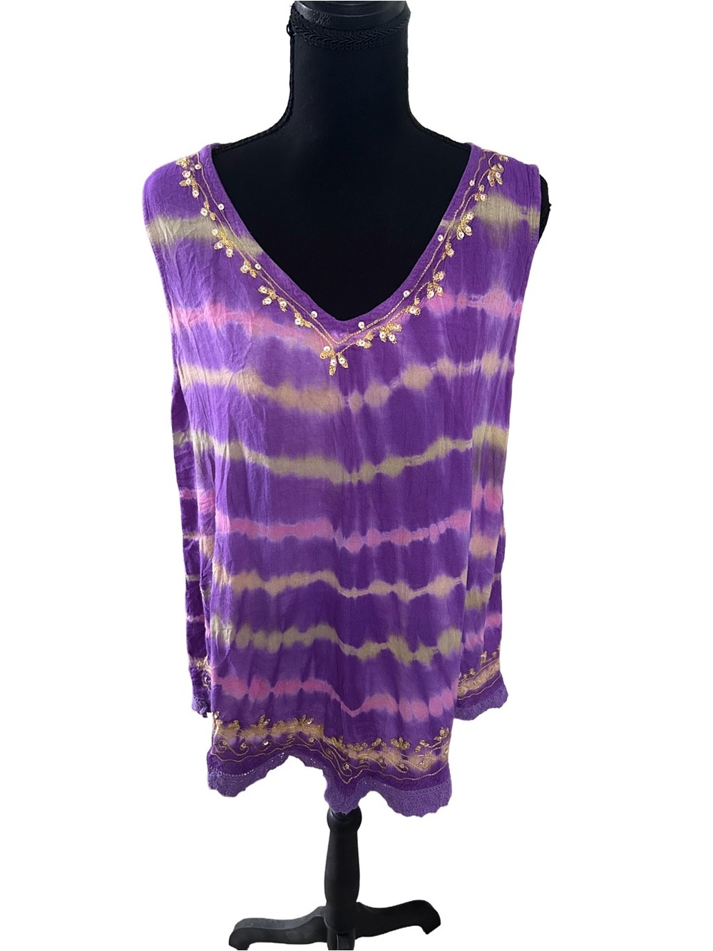 India Boutique Boho Purple Tie-Dye V-Neck Tank with Gold Embroidery Free Size